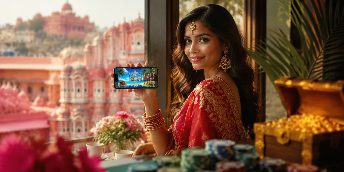 Jaipur Hawa Mahal with mobile casino player holding phone